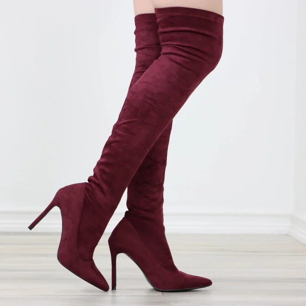 Wine Women's Thigh High Boots Faux Suede Pointed Toe Stilettos - Picture 1 of 15